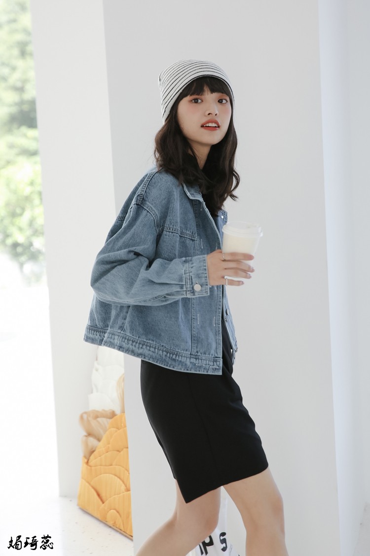宽松短款牛仔衣夹克女初中高中生春秋装休闲时尚翻领上衣女【8632】