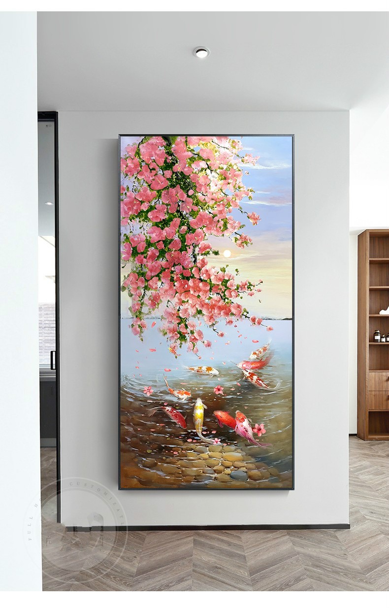 彩象轻奢高端九鱼图纯手绘油画玄关装饰画新中式风景挂画现代走廊过道