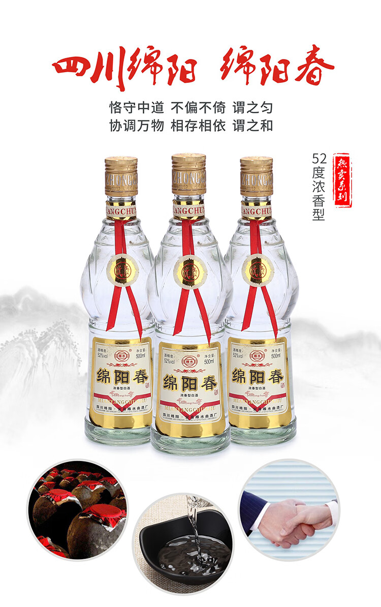 2009年产绵阳春年份老酒白酒52度库存纯粮食酒收藏停产酒绵阳春六瓶装