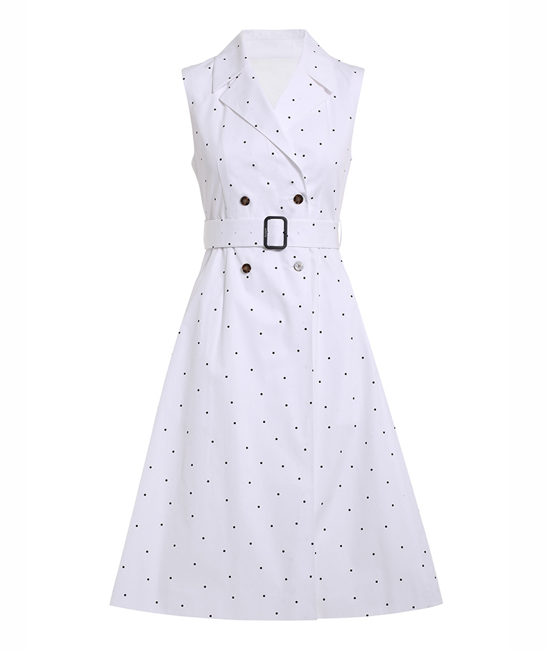 ochirly欧时力2021新款夏装赫本风波点腰带排扣驳领a字无袖连衣裙 米