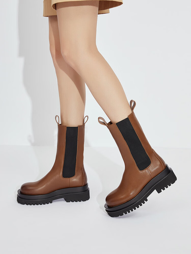 烟管靴烟管靴女女鞋新款厚底超轻牛皮中筒加高烟管靴女靴ax15132米白