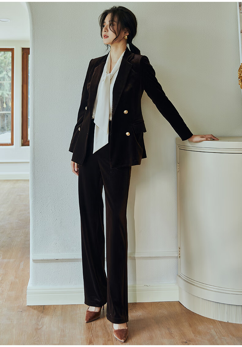 roeyshouse罗衣气质丝绒套装秋冬新款知性修身西装外套裤子两件套