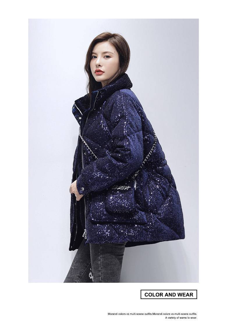 恒源祥设计感小众亮片羽绒服女中长款2021新款秋韩版女士女式冬季显瘦