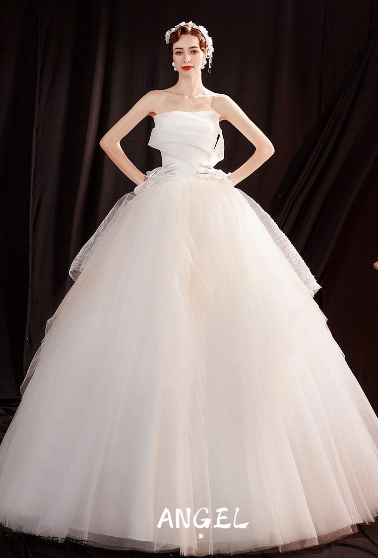 流芷【拍婚纱照】缎面婚纱齐地优雅性感时髦式香槟色抹胸单肩公主新娘