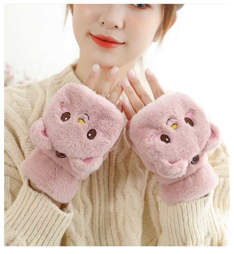 网红款翻盖半指小熊手套冬天女可爱加绒加厚保暖防寒韩版触屏学生写字