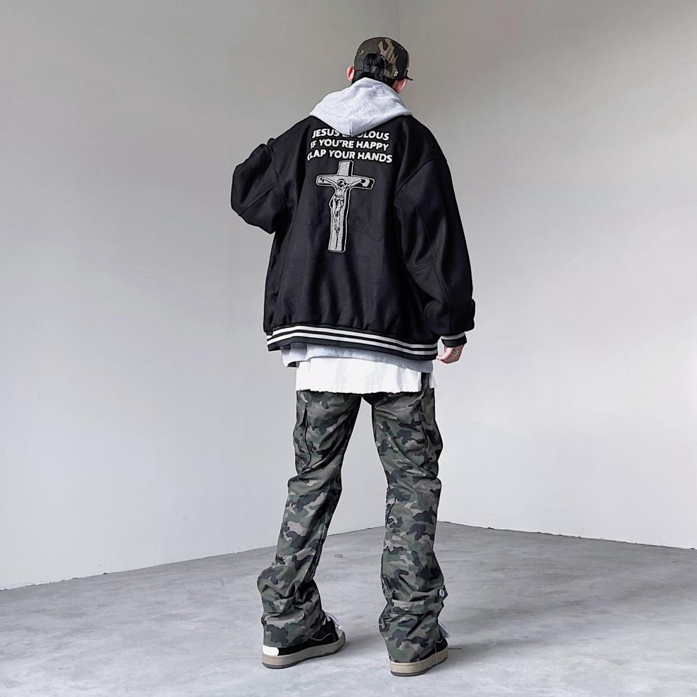 黑白述 美式高街十字架刺绣棒球服男潮牌vibe风夹克嘻哈外套秋 黑色