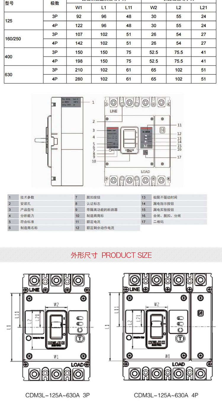 cdm3l-125c/4300a德力西带漏电保护开关塑壳断路器100a替代cdm1l 4p