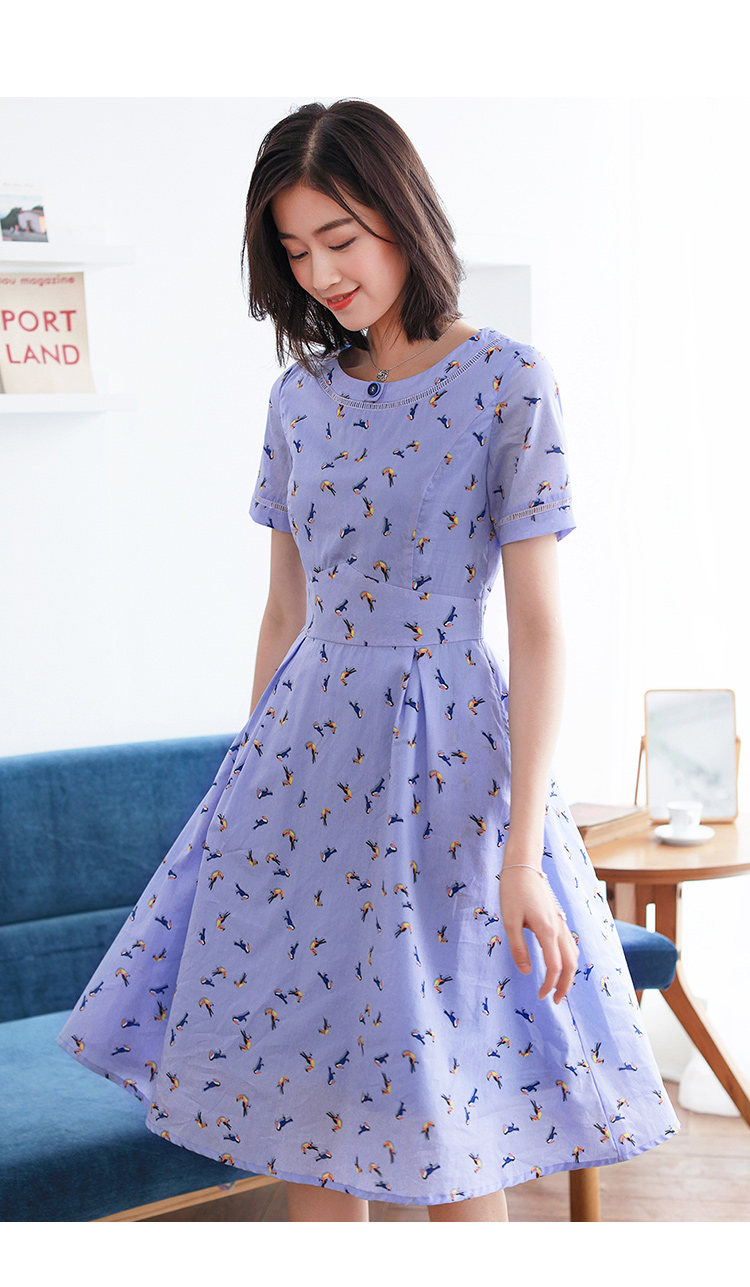 勿忘花夏季气质淑女纯棉碎花裙棉布印花圆领短袖遮肚子女士连衣裙 浅