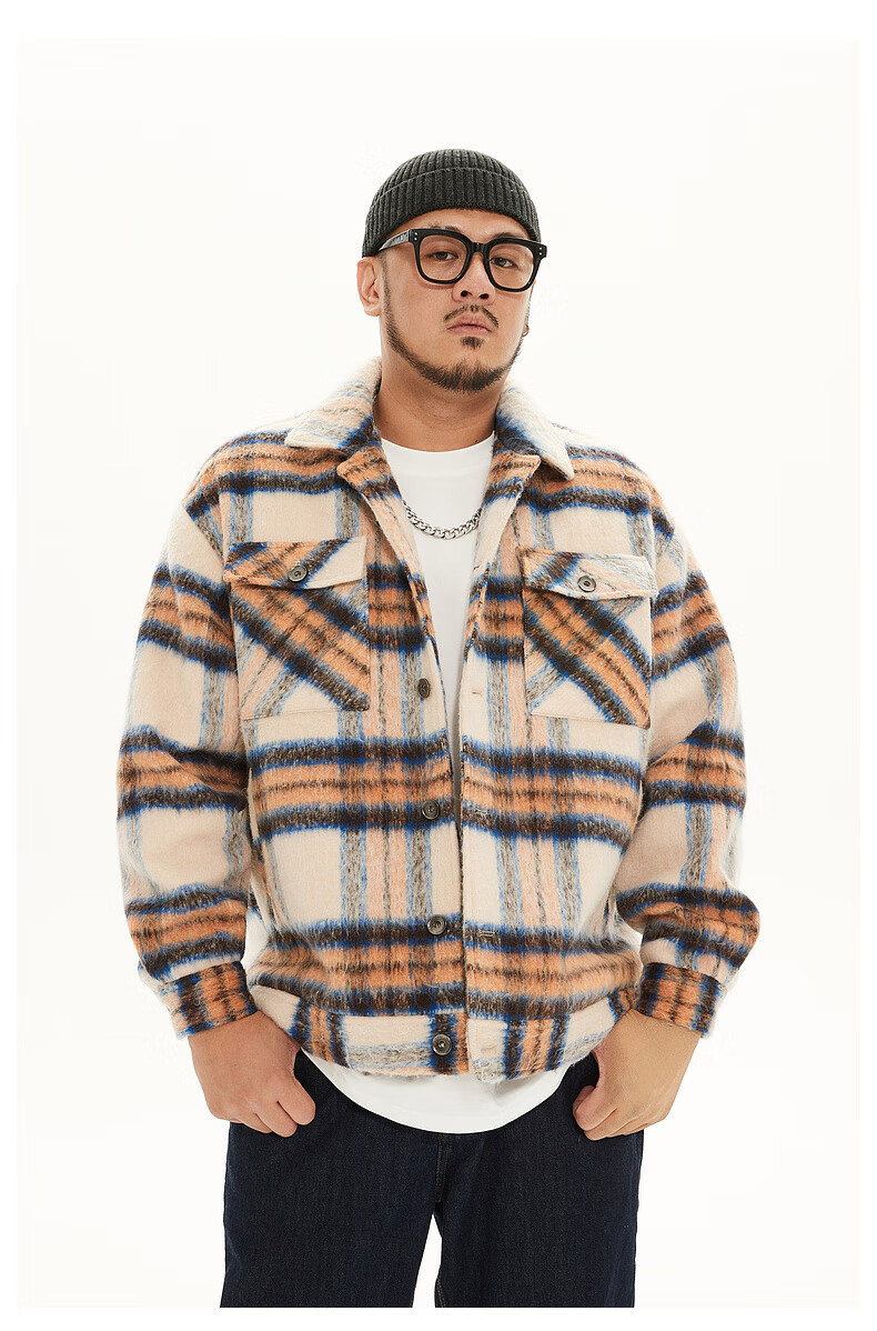 panmax大码上衣男女情侣外套夹克衣多穿橘色格纹秋冬季毛绒宽松高街