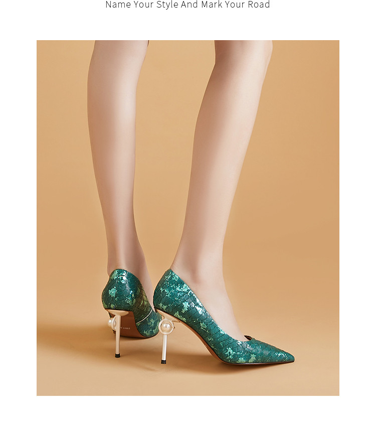 hr赫莲娜高跟鞋法式新款设计感鱼鳞高跟单鞋女尖头百搭气质女鞋绿色34