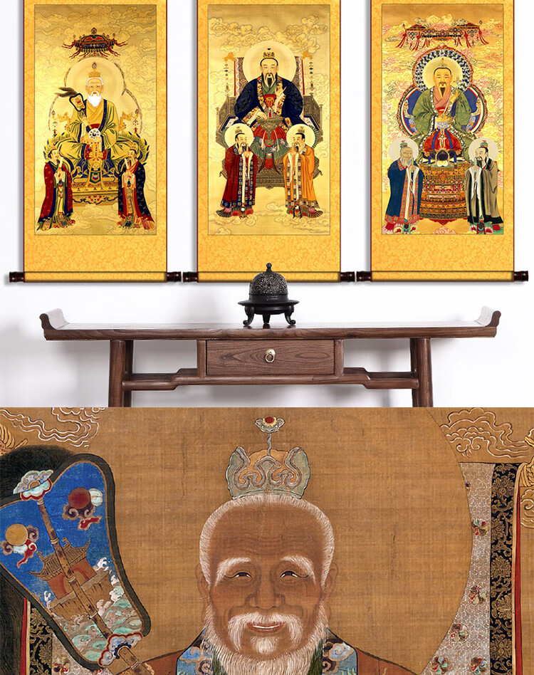 三清祖师画像卷轴挂画家居供奉元始天尊太上老君道场道教图 定制 三清