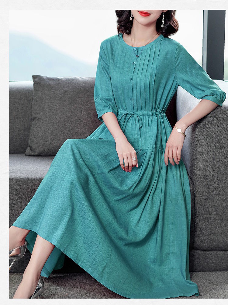 品牌高档轻奢女装夏装2021新款女收腰显瘦薄款中长裙子高端亚麻棉麻