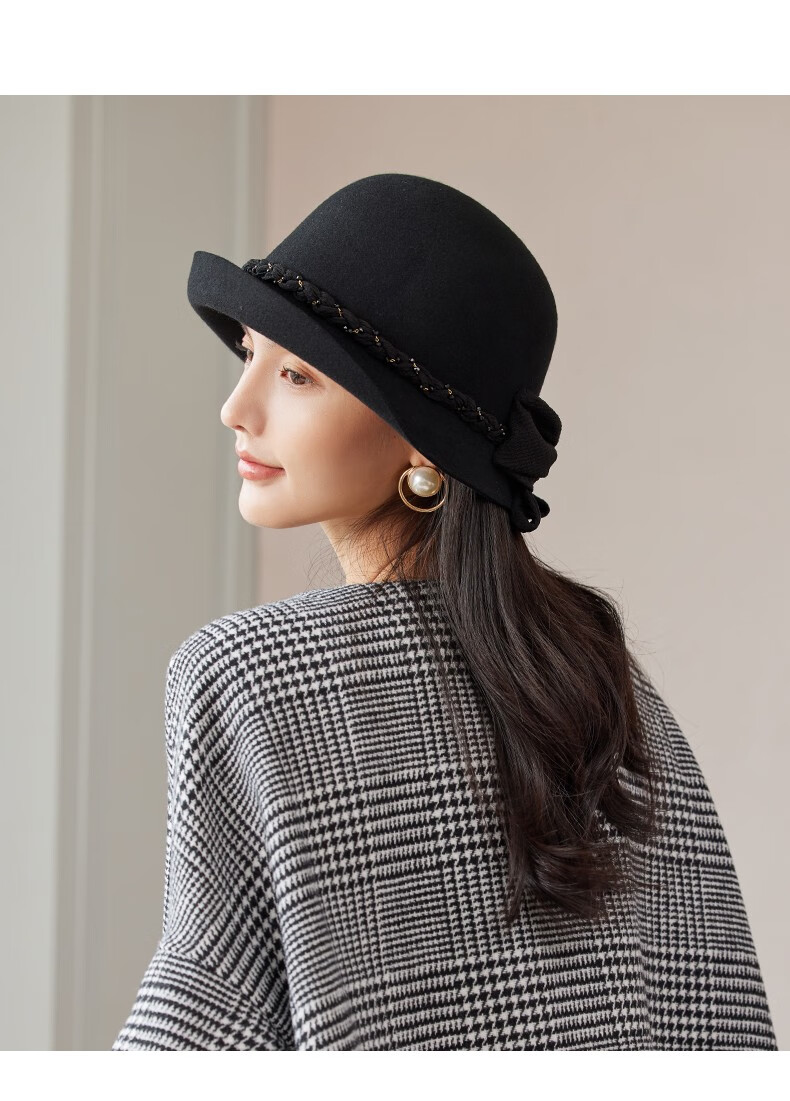 布塔秋冬天帽子女法式复古礼帽卷边羊毛毛呢毡帽时尚百搭优雅盆帽黑色