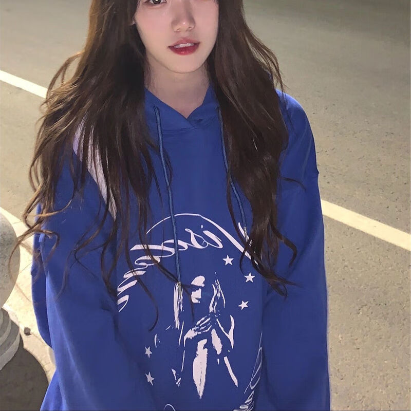 仓梵超火显白克莱因蓝加绒连帽卫衣学生女冬季新款oversize小众设计感