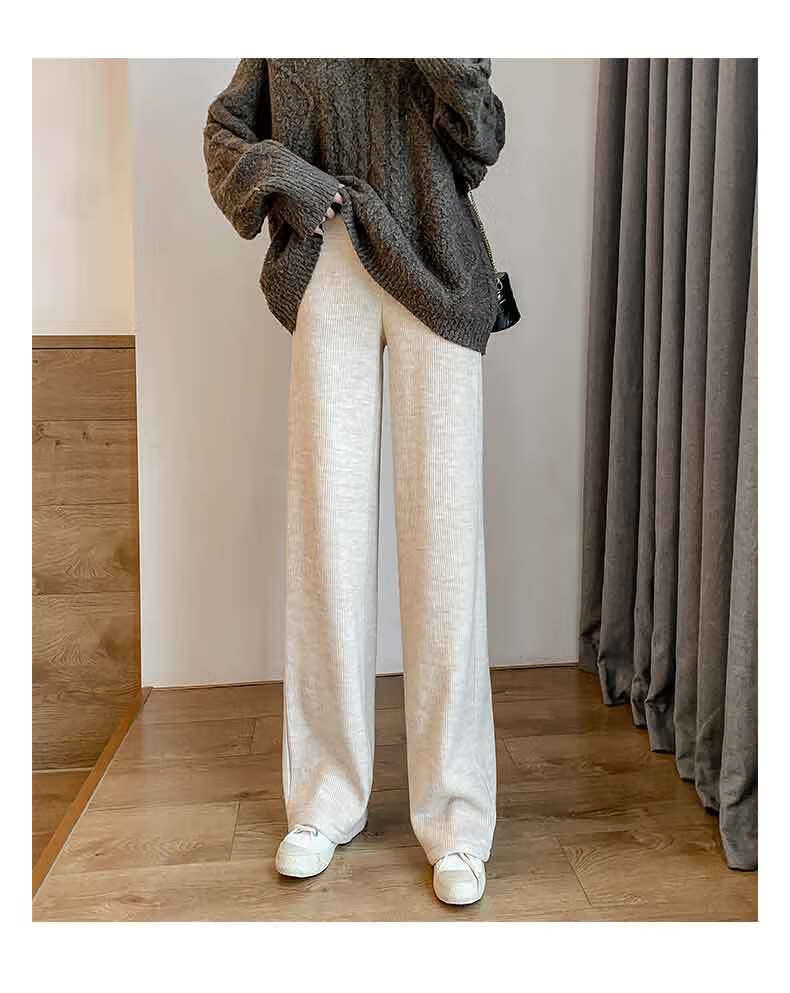 阔腿裤女高腰垂感加绒显瘦坠感雪尼尔直筒休闲拖地长裤杏色常规款不加