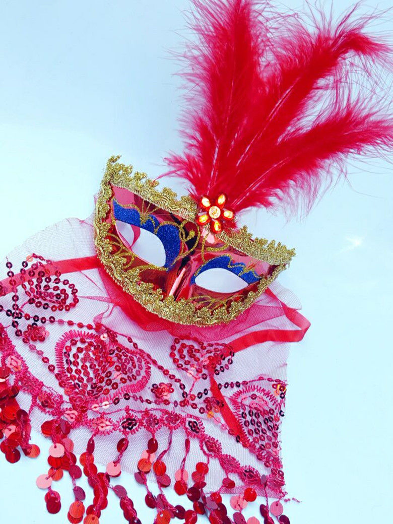 万圣节化妆舞会面具儿童美女抖音公主情纱派对半脸羽毛花吊坠羽毛吊纱