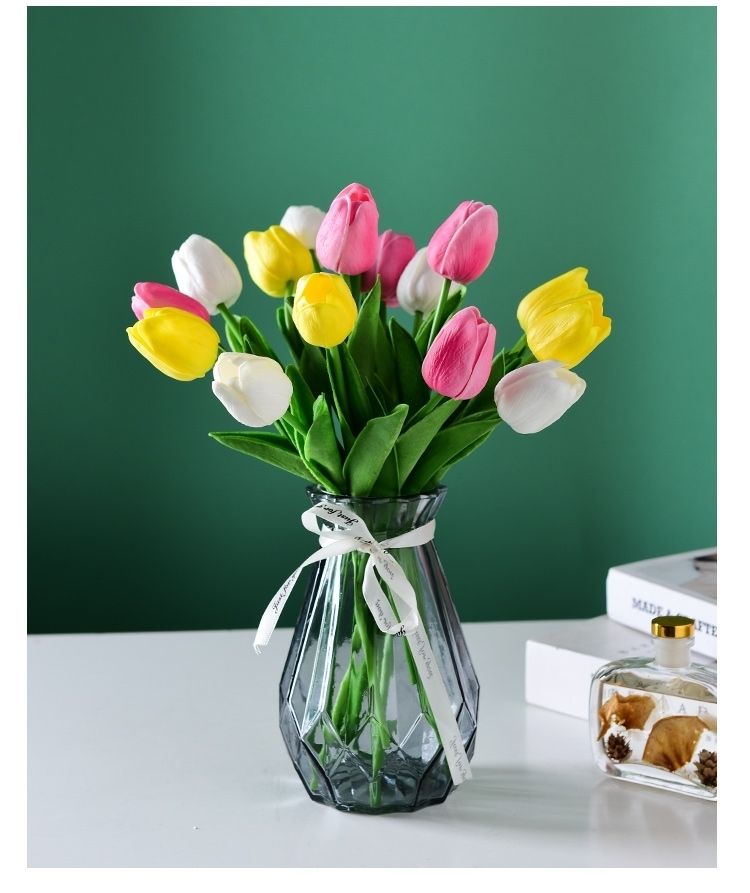 北欧风格郁金香假花迷你pu家居摆设装饰设计花艺插瓶花蓝色5支装划算