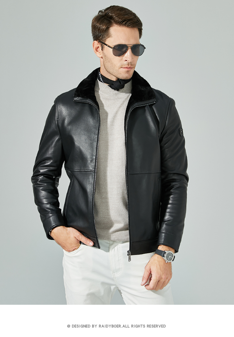 raidy boer/雷迪波尔冬季新款男绵羊皮内里仿羊羔毛真皮皮衣2026 黑色