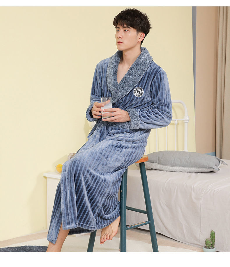 冬季浴袍男睡袍加厚秋冬家居服保暖加长款大码浴衣酒红织带中长款l