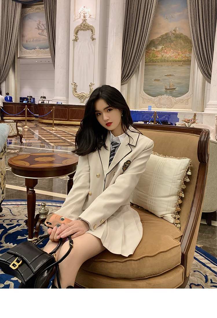 cken2021秋冬新款学院风韩系感显瘦洋气西装jk制服百褶裙两女杏色两s