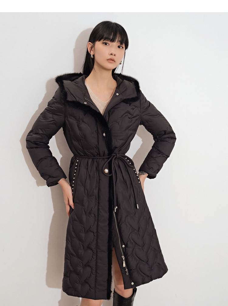 psalter诗篇女装2021冬季新款黑色连帽系带收腰中长款羽绒服黑色38