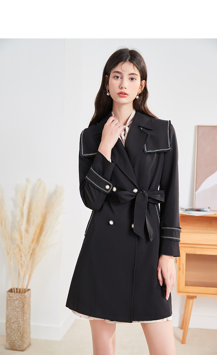 秋水伊人气质翻领外套2021年秋装新款时尚复古撞色织带设计长风衣