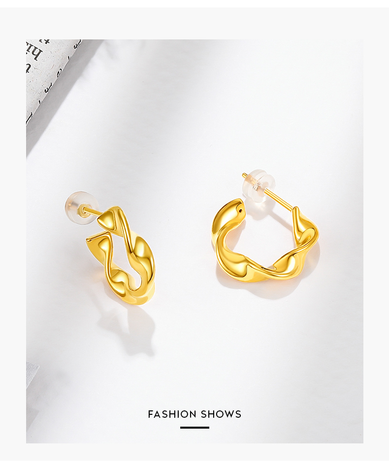 六桂福珠宝 黄金耳钉5d硬足金耳环女款 波浪简约耳饰 送女友 【配18k