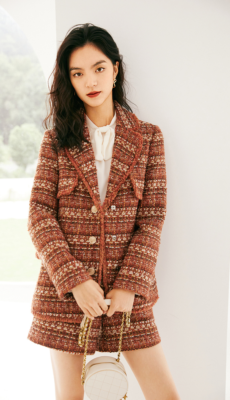 伊芙丽小香风外套秋季复古撞色秋装2021年新款粗花呢西服短外套女砖红