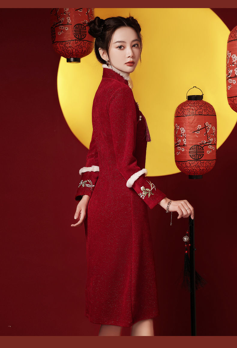 红色旗袍冬款加厚年新款冬季长袖少女改良年轻款过年拜年服裙酒红色m