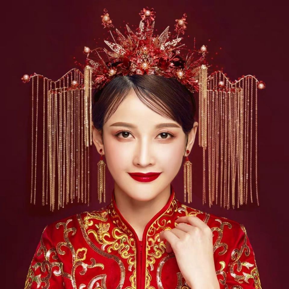 jlmx胭脂雪秀禾头饰新娘中式大气秀禾服发饰凤冠结婚显脸小圆脸饰品 y