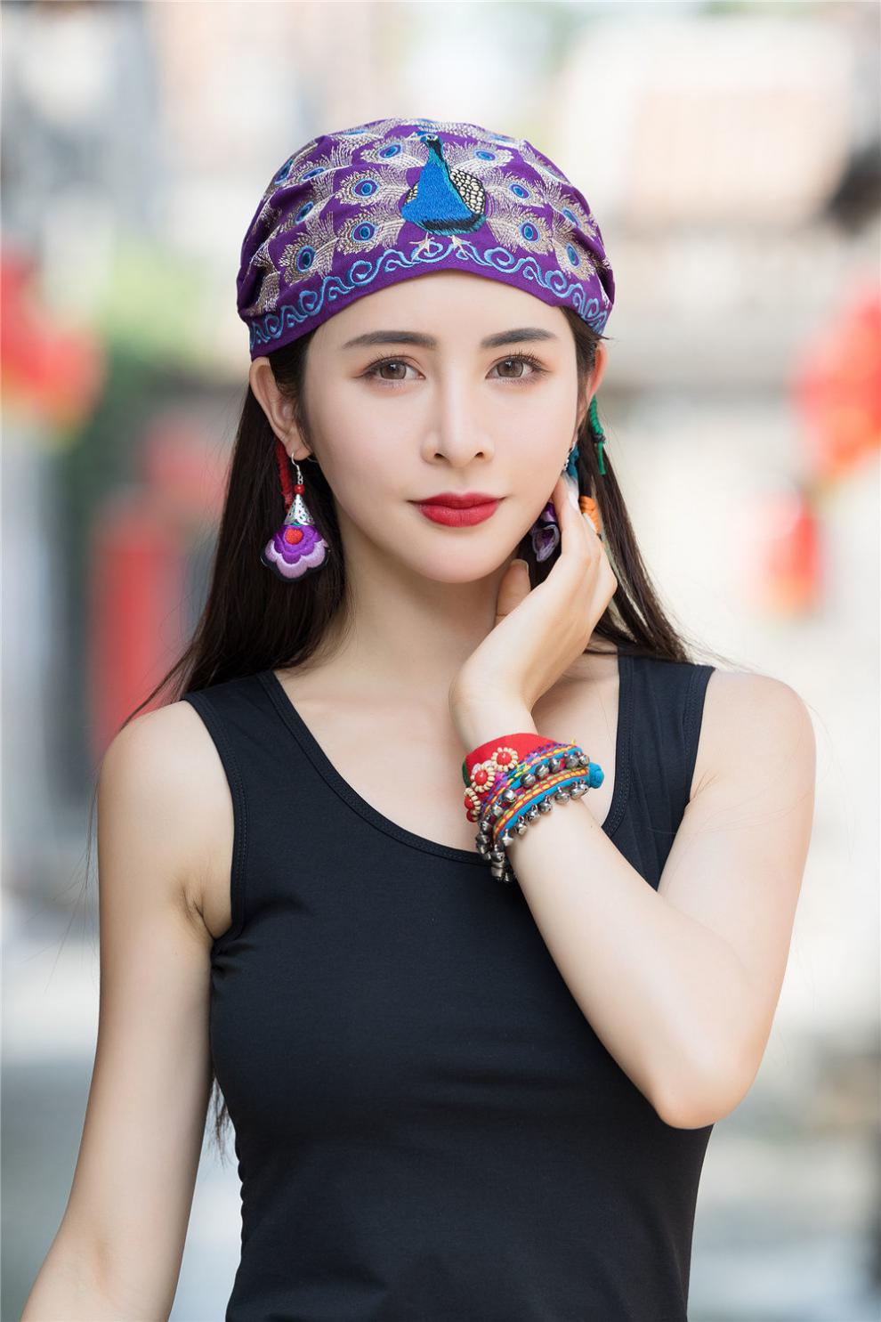 帽花色民族风绣花帽子百搭棉麻薄款头巾帽子女系带松紧带头饰女帽子