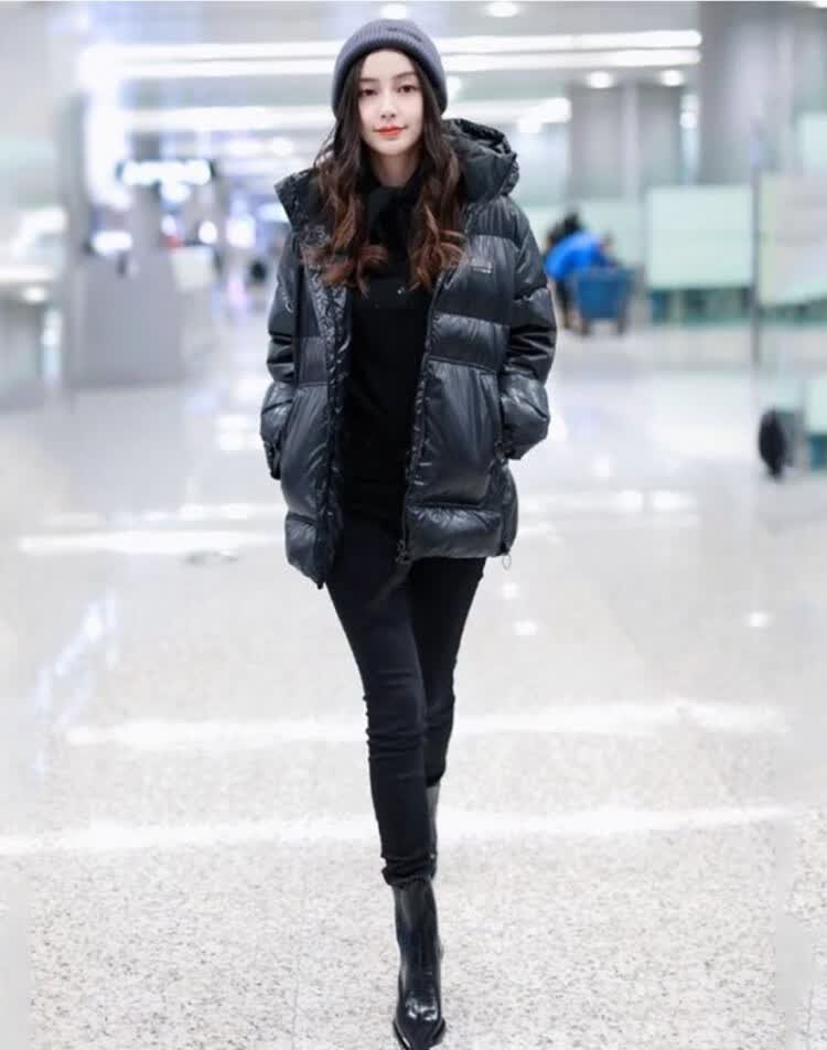 蒙口官方baby杨颖同款宽松加厚面包服亮面黑色韩版羽绒服女短款外套冬