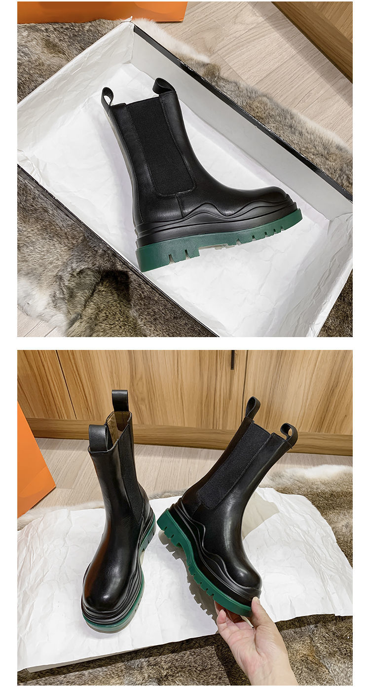 bv短靴mona同款秋冬绿底切尔西短靴厚底增高中筒马丁靴女靴子绿底中筒
