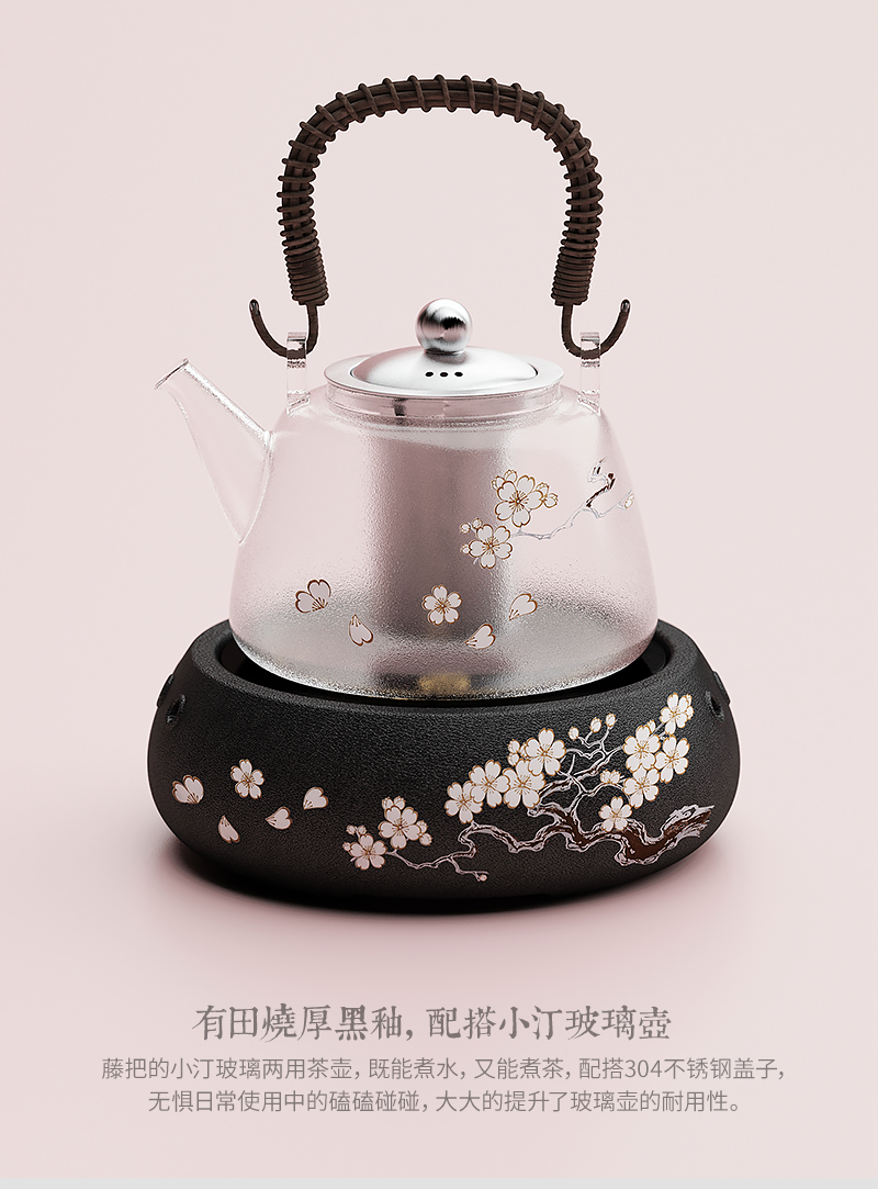 茶大师有田烧樱飞釜电陶茶炉煮茶器日本南部老铸铁壶铸铁壶电茶炉银壶