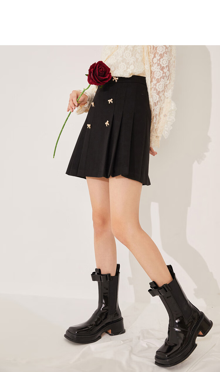 红袖闪钻百褶裙冬季2021新款女装气质蝴蝶结a字半身裙 黑050 m