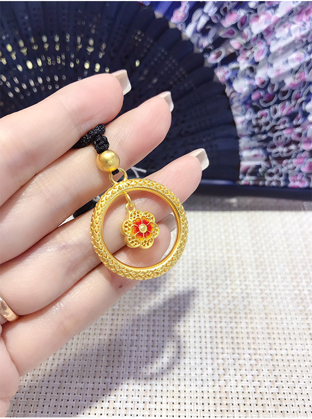 妙灵阁镂空祥云黄金吊坠圆形999足金圆环梅花项链女古法金坠子挂绳