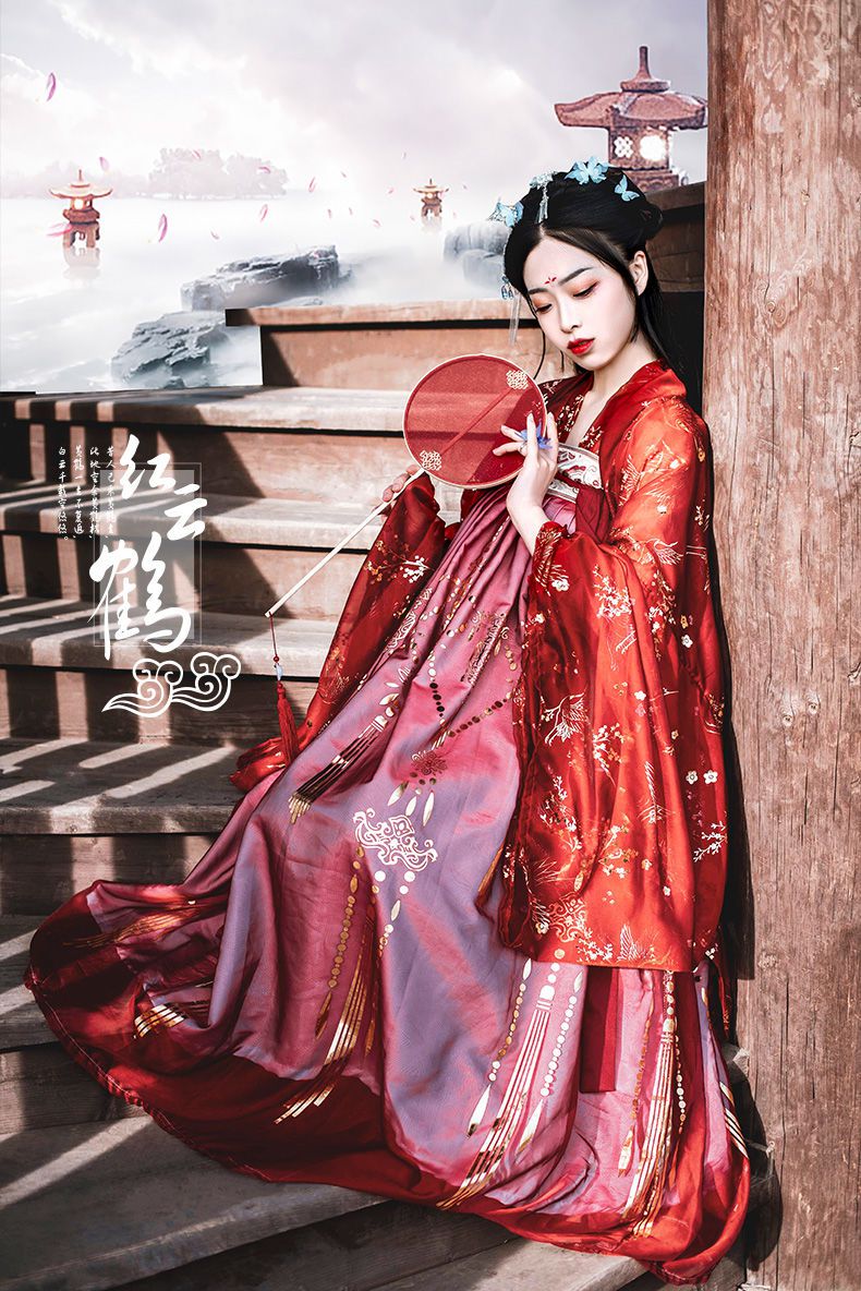 仙鹤汉服学生古装长款齐胸襦裙云鹤裙大袖衫秋冬季红色大袖衫l
