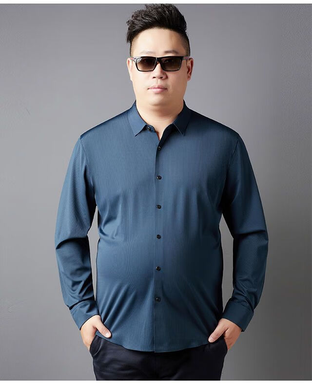 衬衫特大号长袖无缝条纹衬衫男加肥加大码宽松肥佬男士打底衫潮胖衬衣