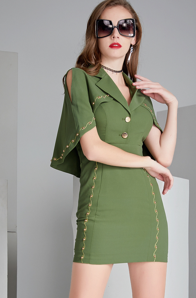 女装连衣裙bcvoga百丝新品翻领显瘦披风军绿时尚包臀连衣裙女 绿色 s