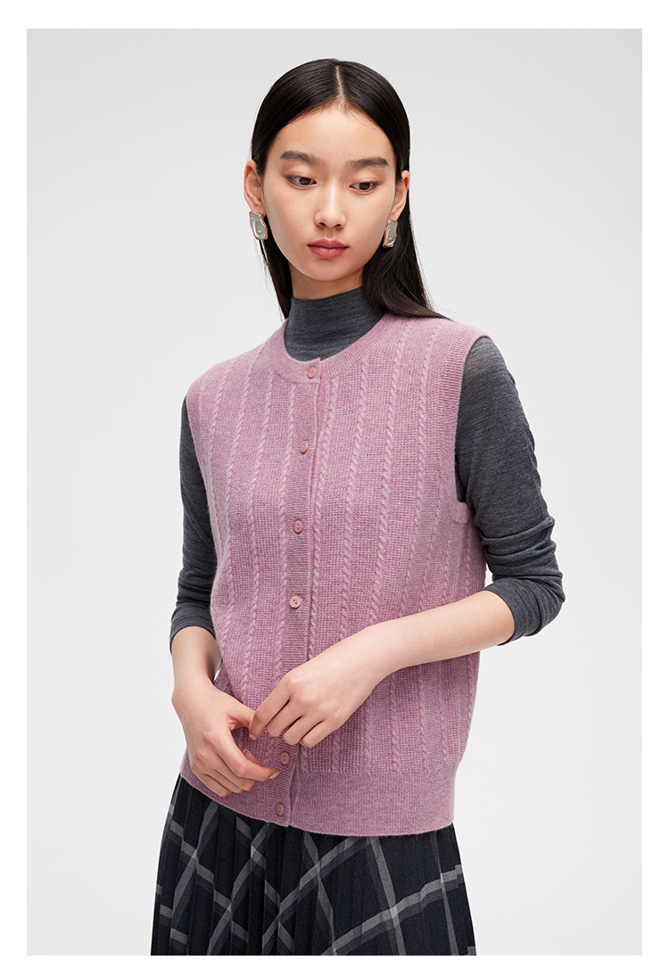 zb珍贝圆领纯羊绒背心女简约纯色妈妈衫保暖针织马甲老太太衫061灰豆