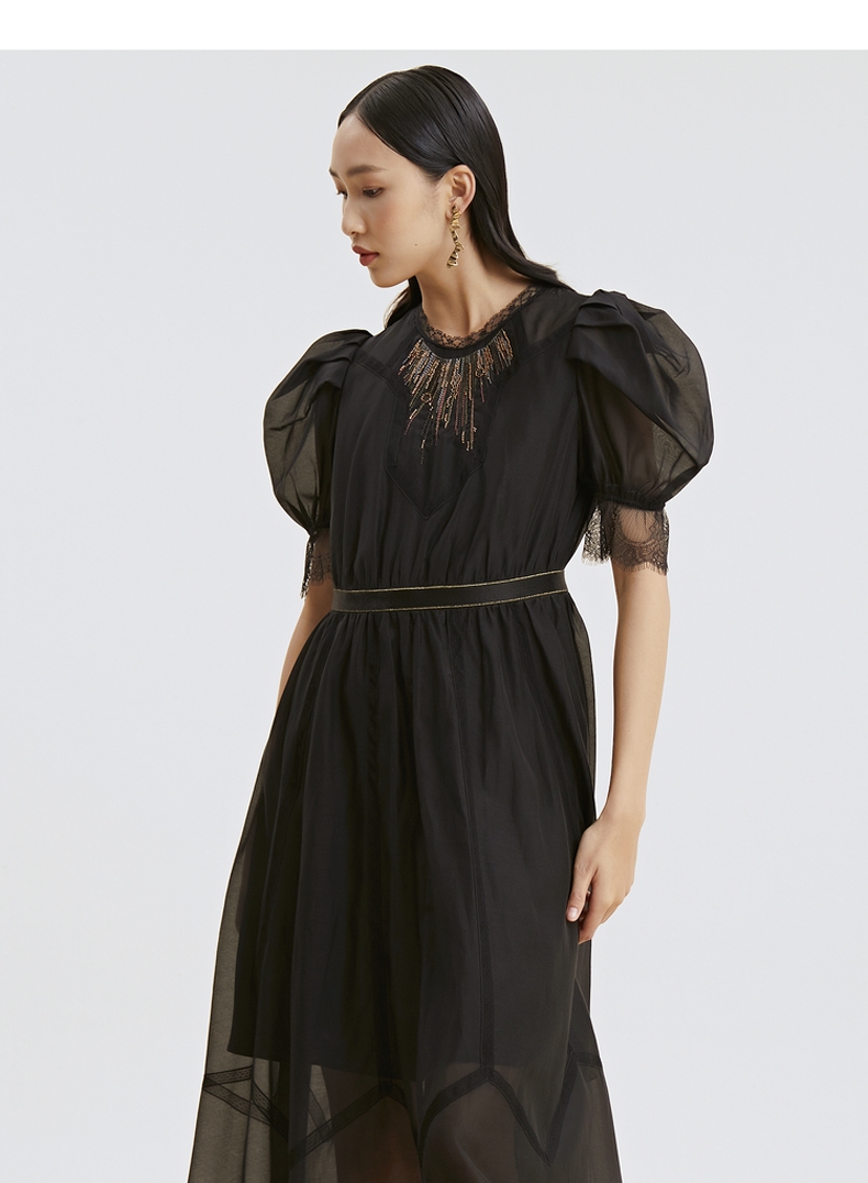 女装 连衣裙 谜底 谜底连衣裙2021秋季新款高端系列泡泡袖晚礼裙真丝