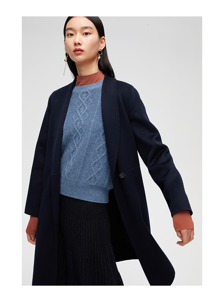 zb珍贝青果领纯羊绒双面呢大衣女中长款秋冬保暖外套显瘦潮99011酒红