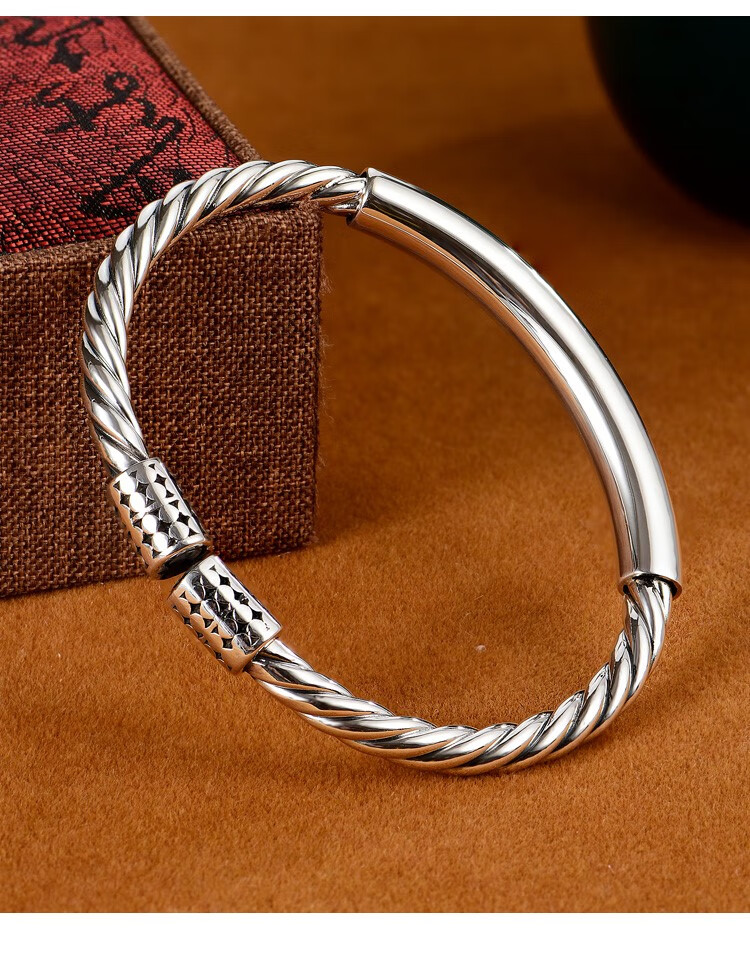 麻花手镯女 9999足银纯银手环银镯开口银手镯年轻款镯子 9999纯银麻花
