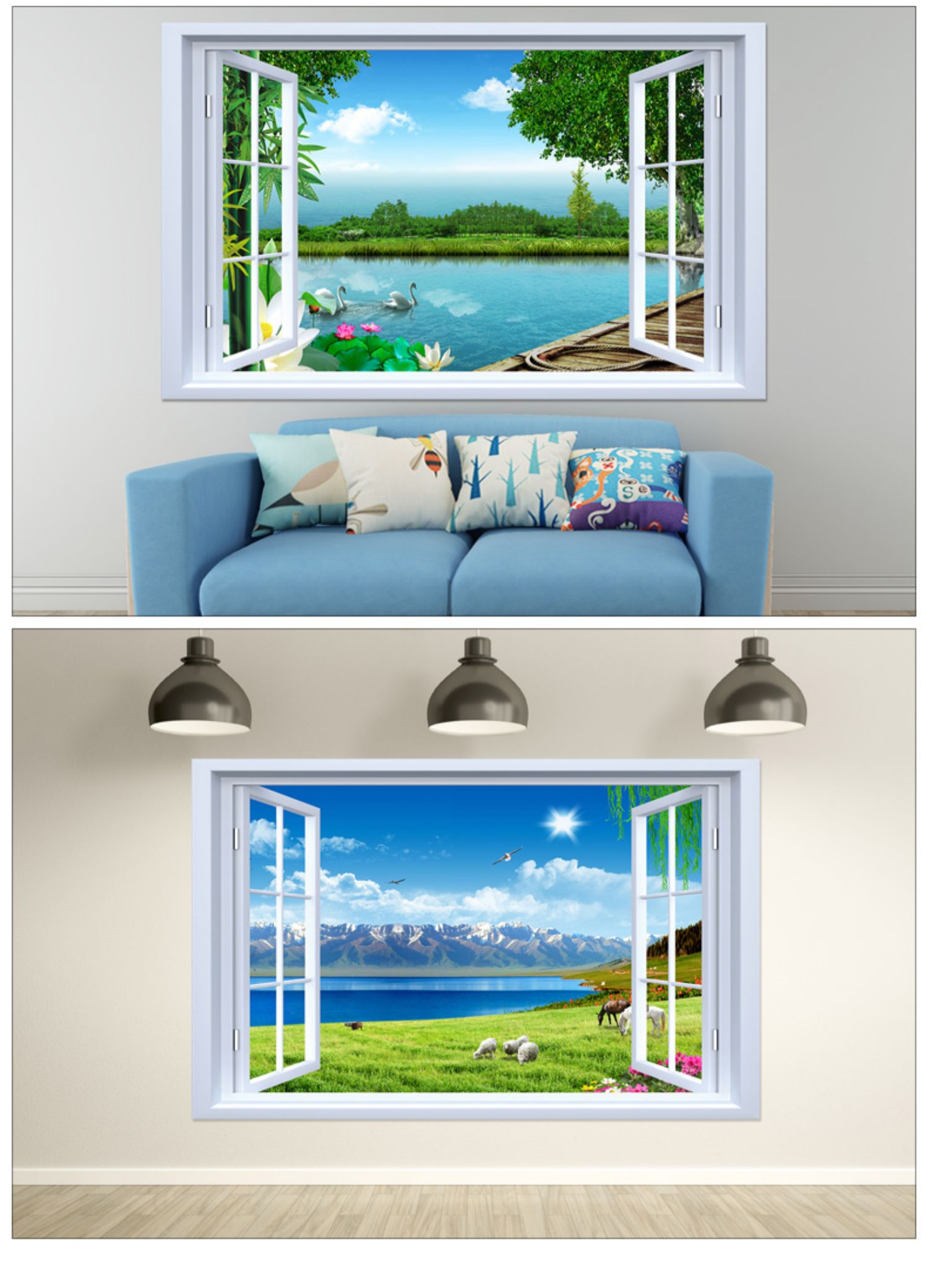 假窗户仿真风景画卧室墙面装饰贴画3d立体风景假窗户仿真大自然背景墙