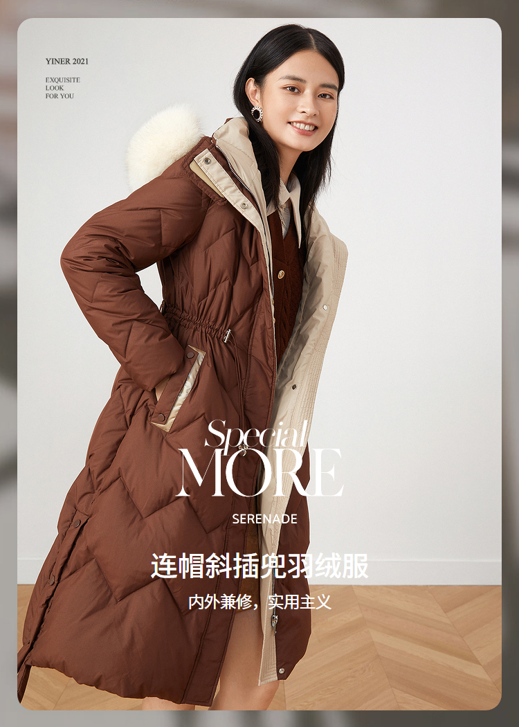 yiner音儿女装冬季新款狐狸毛领羽绒服咖啡色40