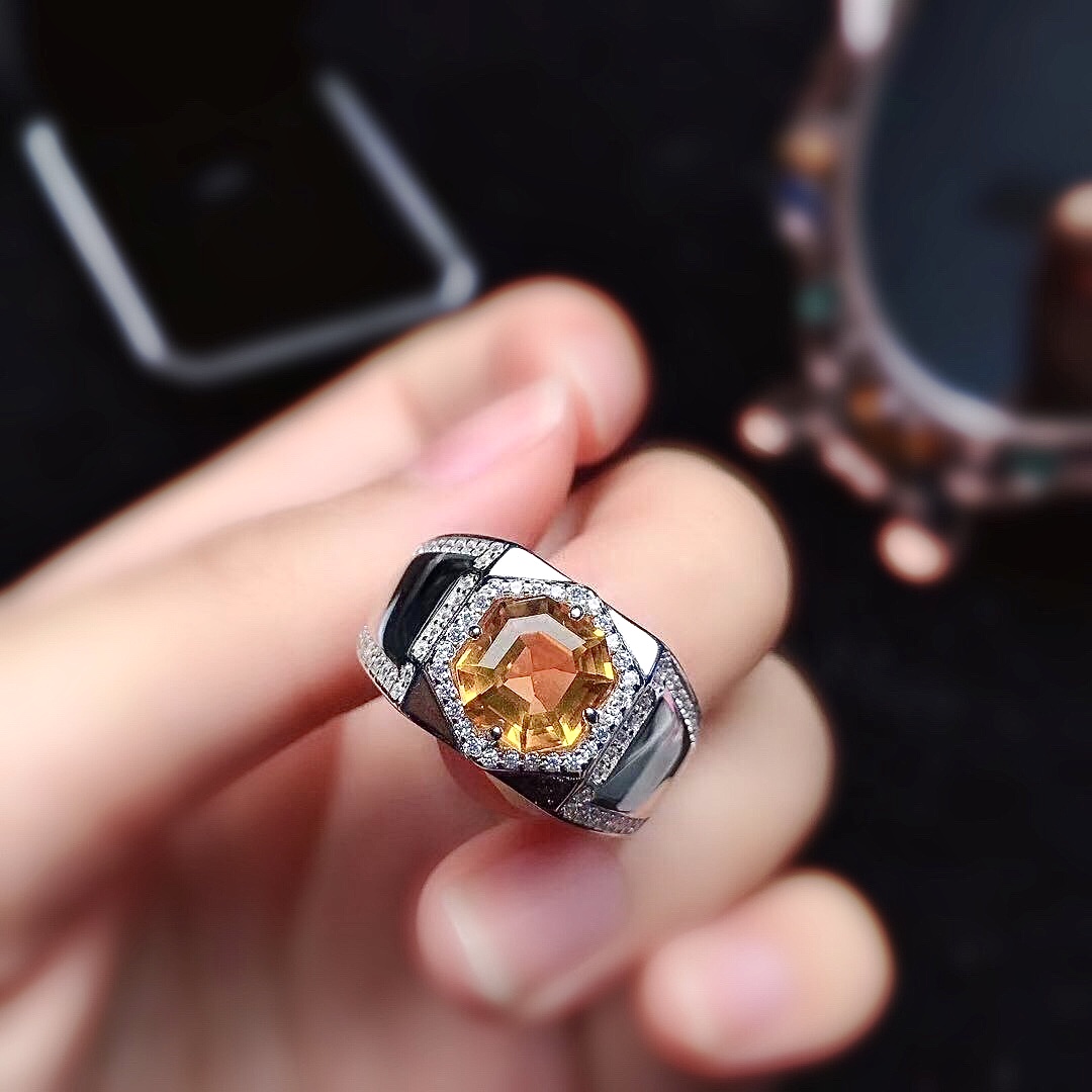 新款大气阿斯切天然黄水晶男款戒指s925银镶嵌个性车专运礼物超美 白