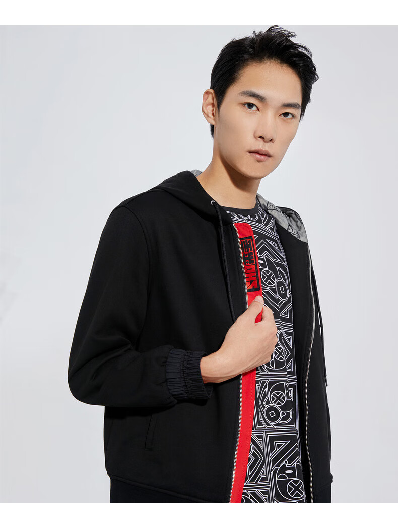 劲霸男装奥莱男士休闲卫衣开衫连帽秋冬潮流宽松外套男ctwd4108黑色