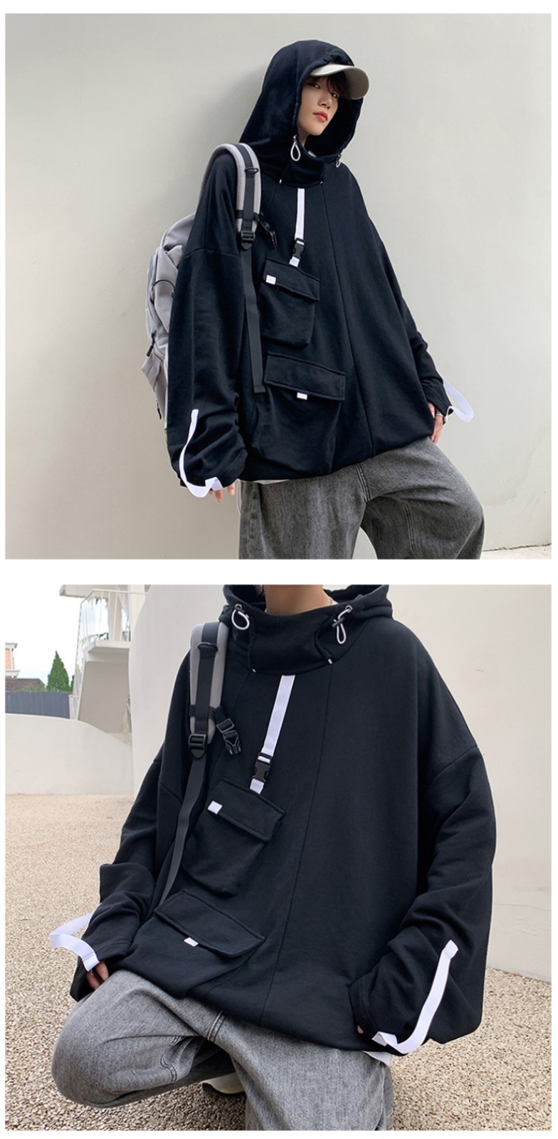 工装连帽卫衣男春秋季港风宽松大码套头上衣胖子ins潮流痞帅外套蓝色