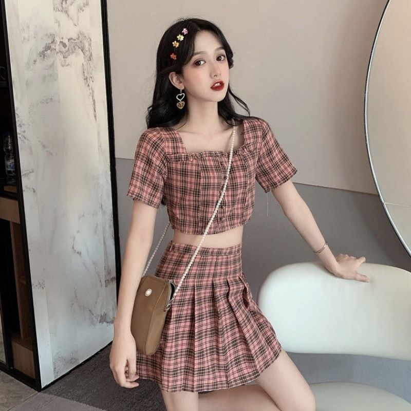 夏季女士套装两件套年夏季新款女装小香风小个子格子甜美辣妹百褶短裙
