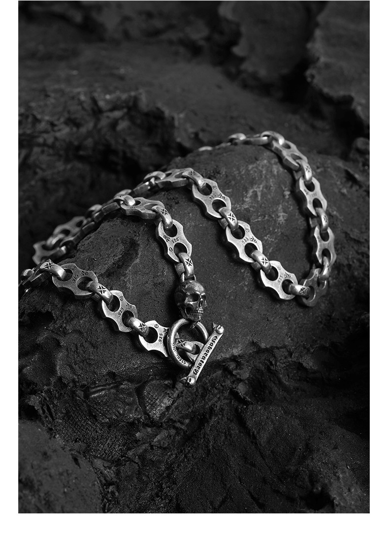 gaboratory加伯阿美咔叽手工s925银复古硬汉机车男骷髅头银项链 55cm